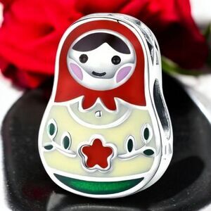 Russian Doll Charm Bead Red Green Babushka Nesting Stacking Doll 3D Slide On NEW